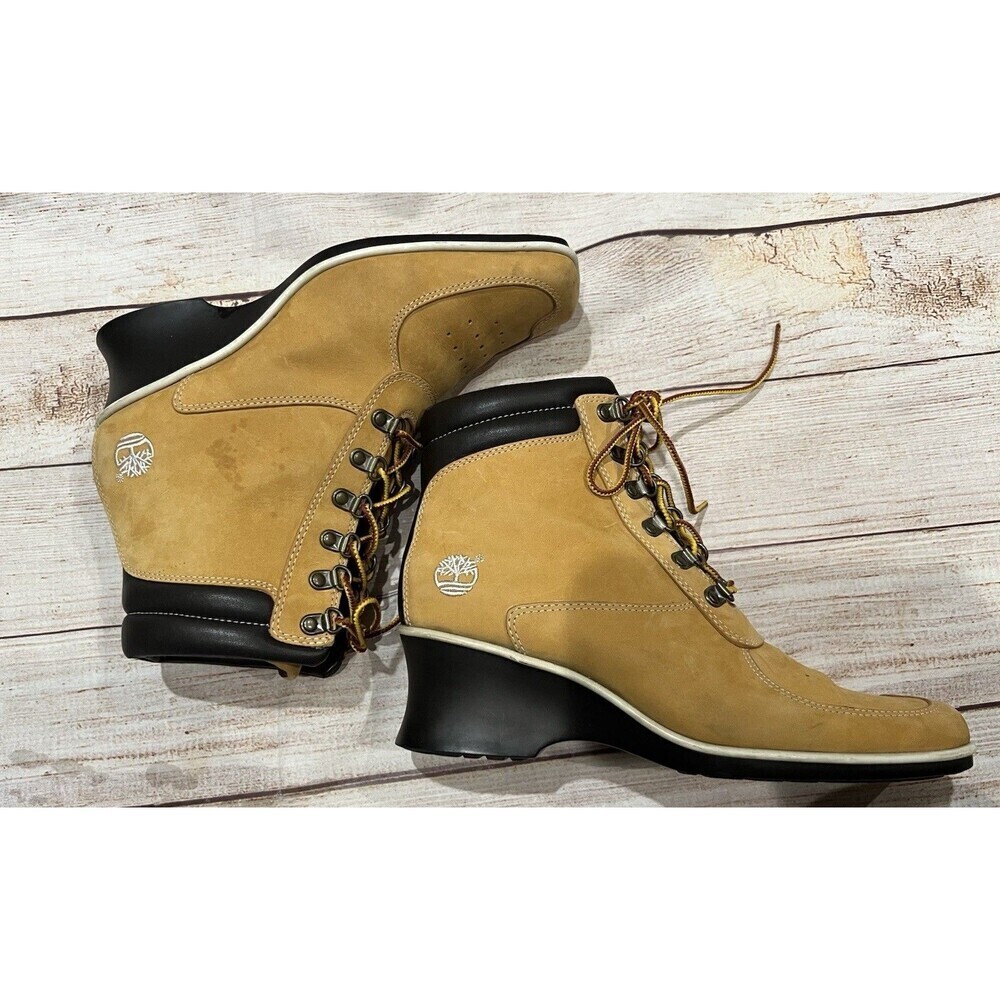 Timberland Women’s Ankle Wedge Premium Wheat Leather Boots Size 7 - Picture 2 of 9